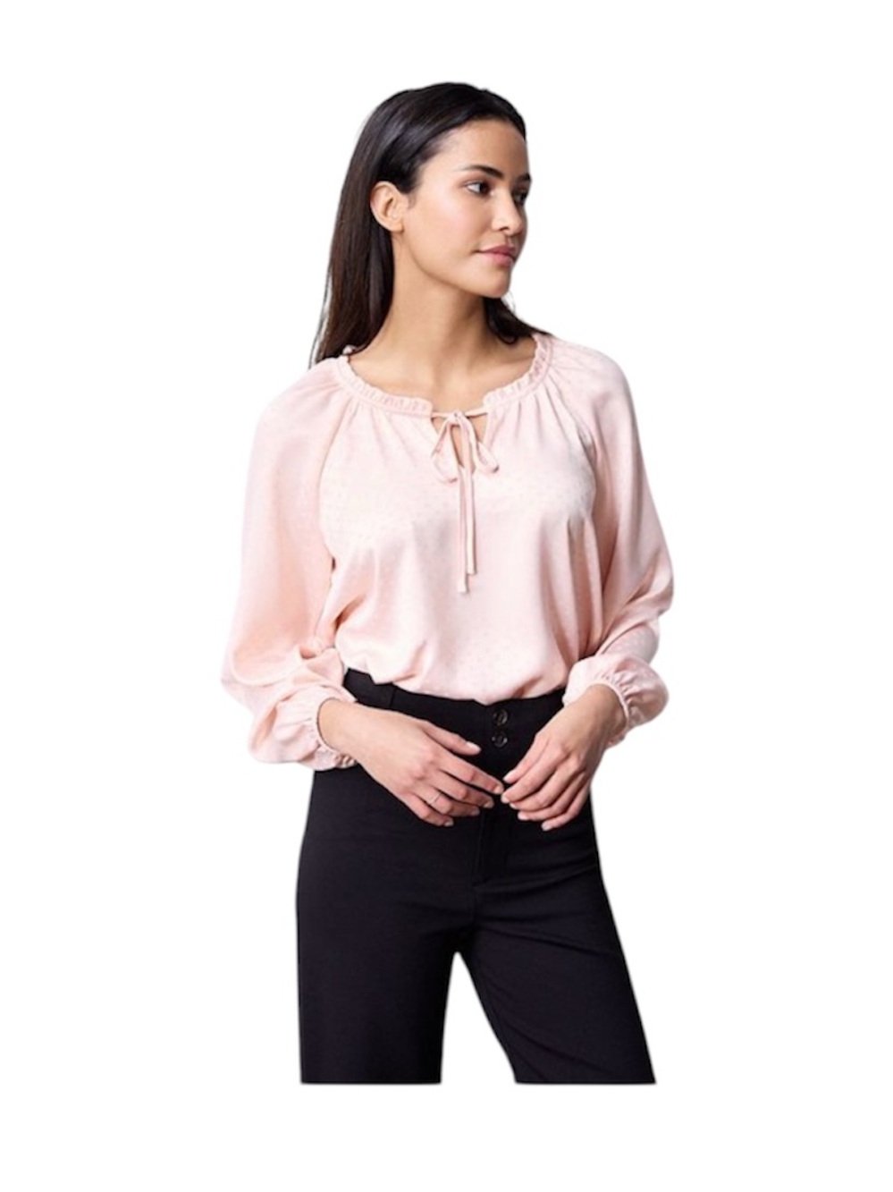 LC Lauren Conrad Polka Dot Peasant Blouse Long Sleeve Light Pink Tie Size Large